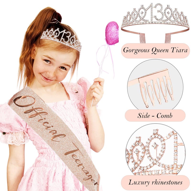 Awfrky 8pcs 13 Birthday Decorations for Girls  Including 13th Happy Birthday Cake Toppers  Birthday Queen Sash with Pearl Pin  Sweet Rhinestone Tiara Crown  Number Candles and Balloons Set  Rose Gold - Image 3